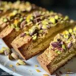 Side view of chocolate-dipped Biscotti with visible pistachios and candied orange pieces.