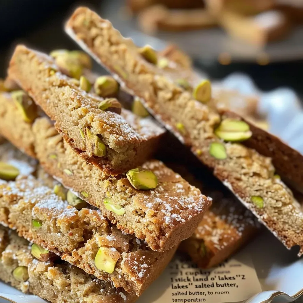 Close-up of Biscotti featuring chocolate coating and toppings of pistachios and orange peel.
