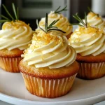 Close-up view of lemon, thyme, and rosemary cupcakes with frosting.