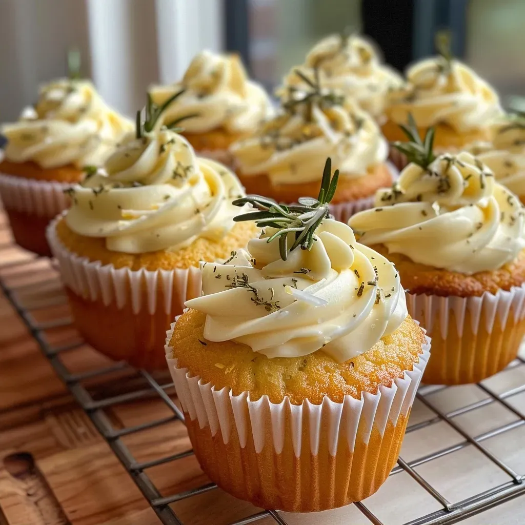Side view of decorated cupcakes featuring lemon zest and herbs.
