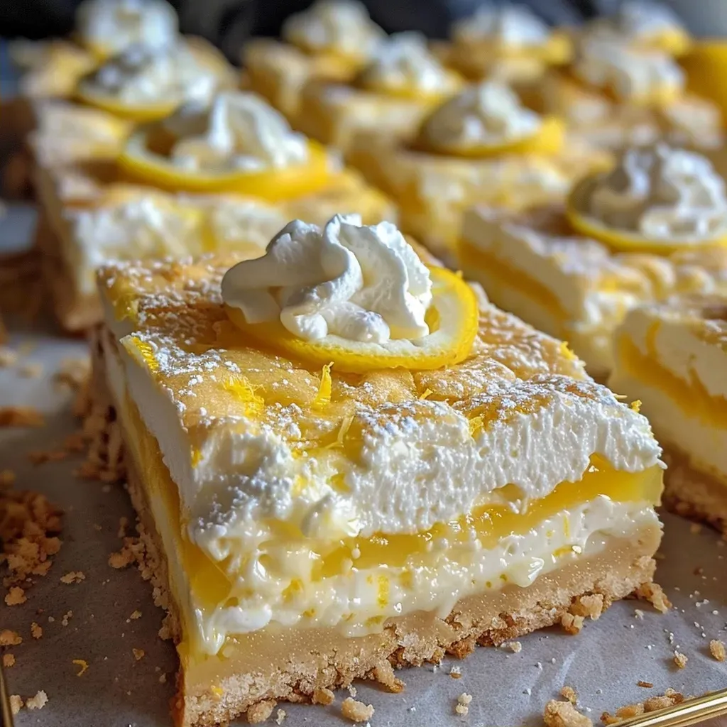Side view of delicious lemon bars with a buttery crust topped with whipped cream and lemon zest.