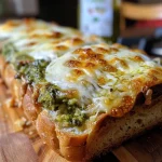 Close-up of a round loaf of pull-apart cheese bread filled with melted cheese and pesto.
