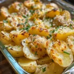 Close-up view of twice-baked potatoes topped with caramelized onions and Gruyère cheese.