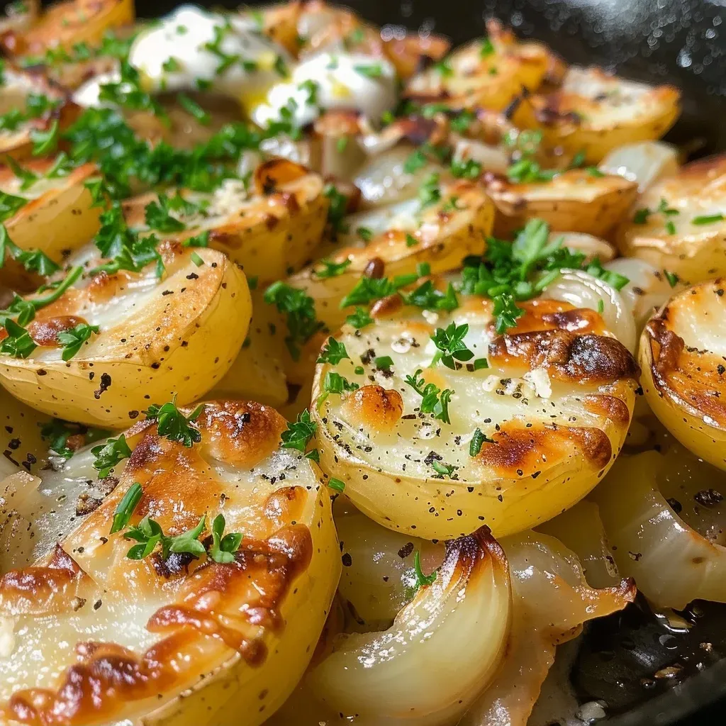 Side perspective of golden-brown twice-baked potatoes filled with creamy cheese and onions.