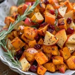 Close-up of twice-baked sweet potatoes filled with cranberries and apple chunks.