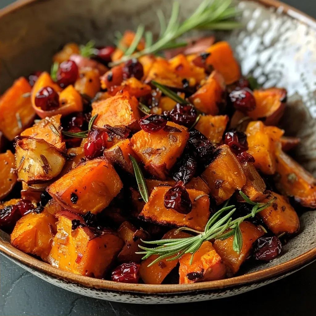 Side view of sweet potatoes garnished with fresh rosemary and topped with cranberries and apples.